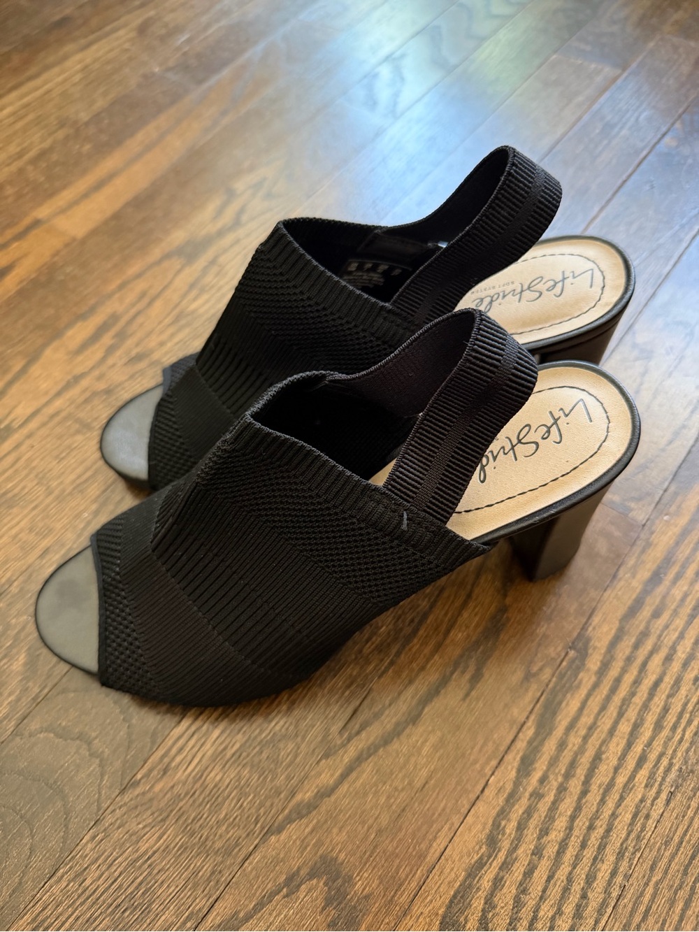 Life Stride Black Knit Slingback Block Heel Sandals